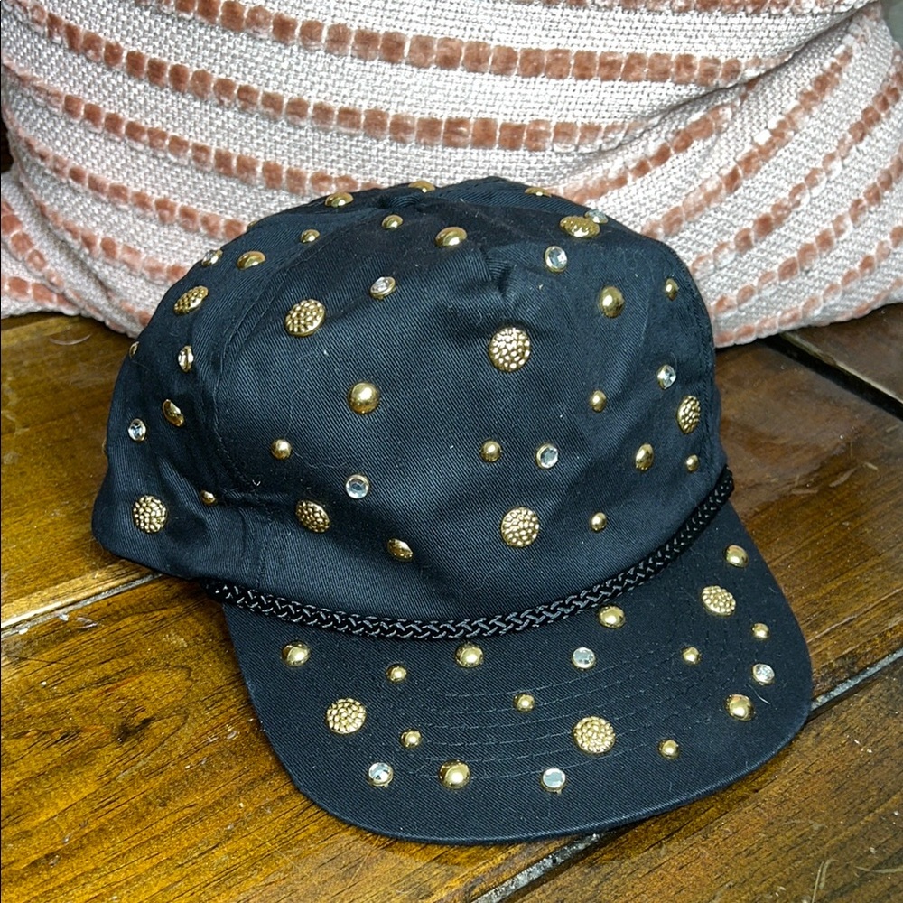 Vintage 80’s Black Cap with Gold Studs and Rhinestones- OS